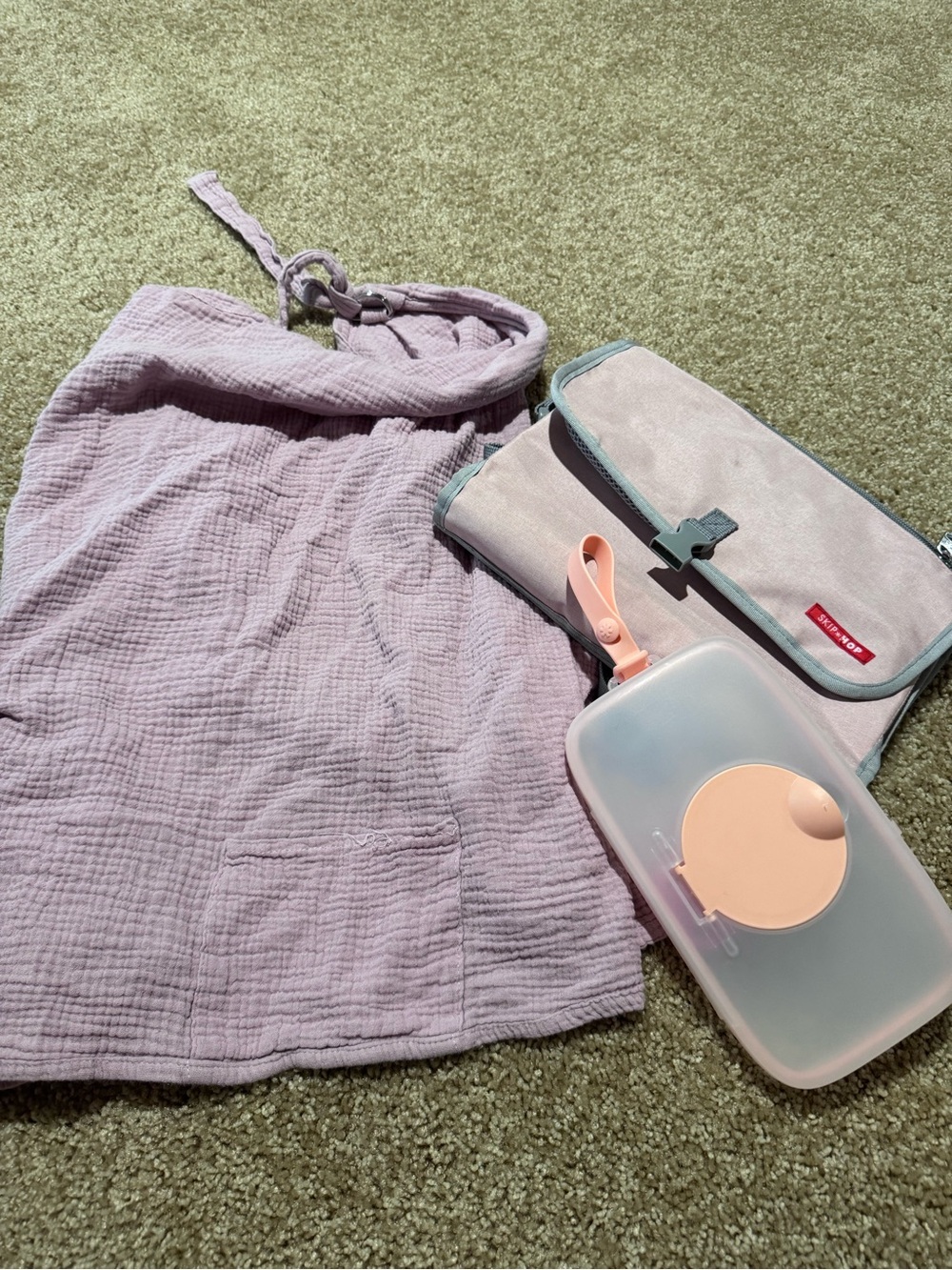 Pink Muslin nursery cover, portable plaid and wipes Container